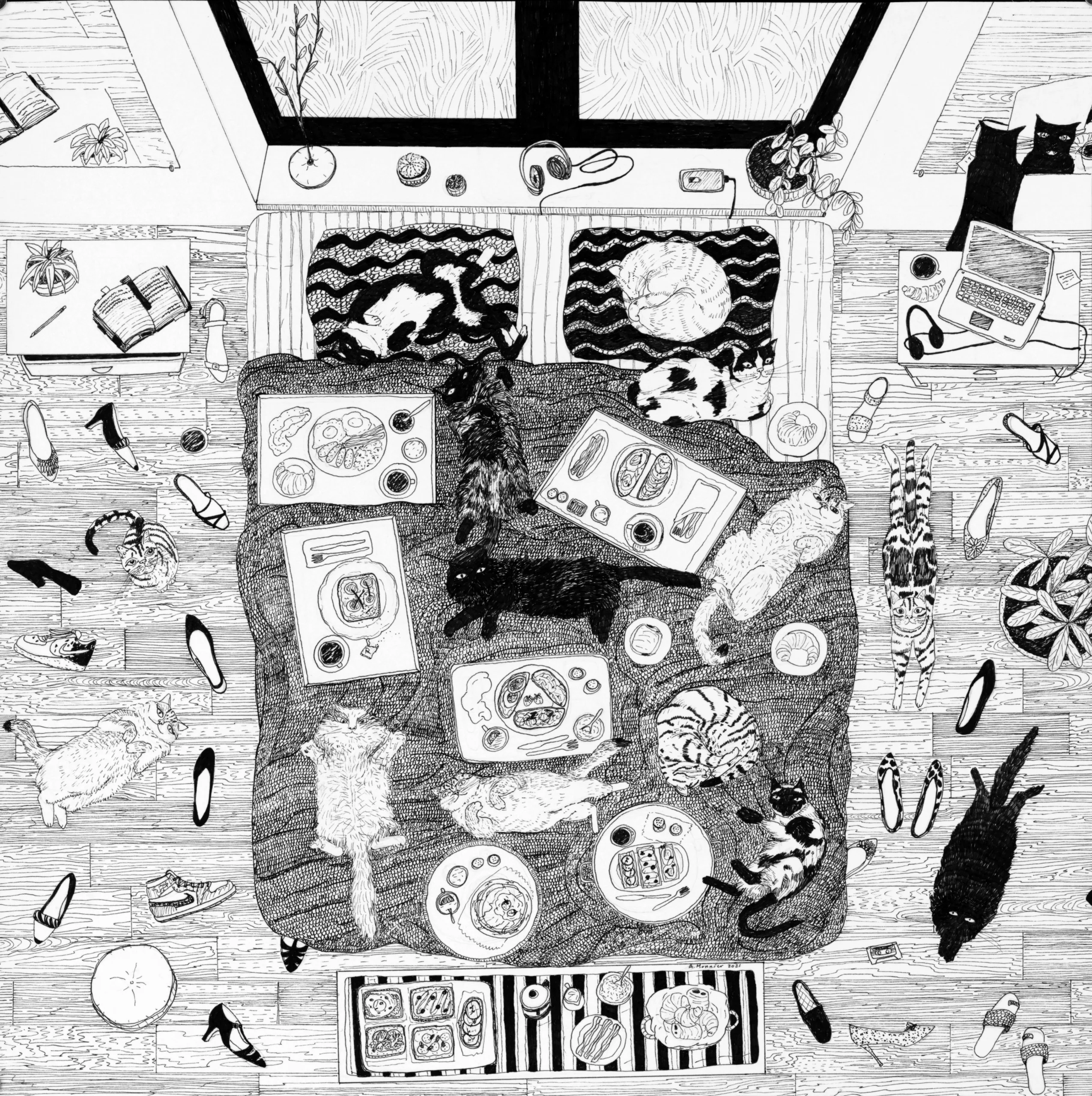 A black and white drawing shows a birds eye view of a room filled with many cats, who are lazing around and doing nothing but looking cute.