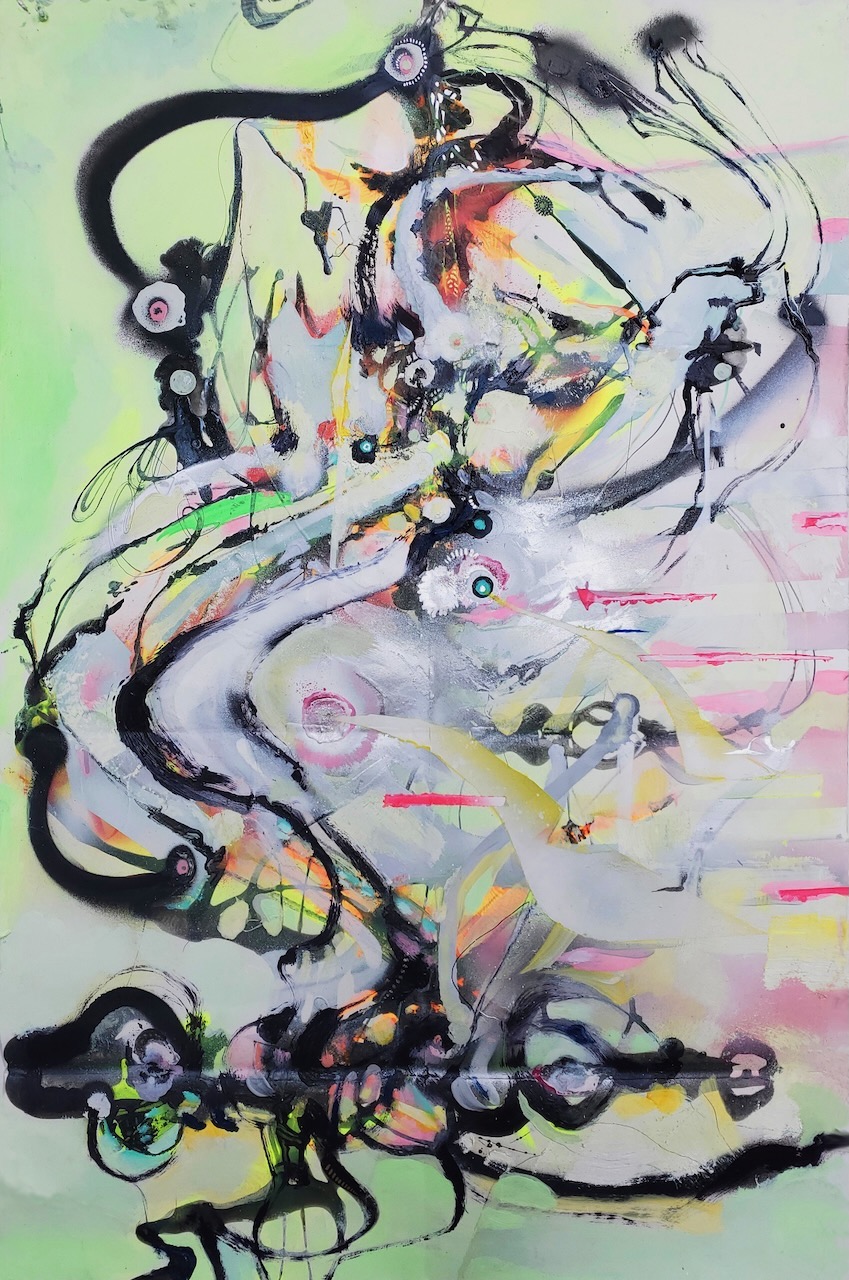 On a mint green background, a swirling abstract assemblage of lines and colors seems to move in from the right to the left, featuring several small eyeball-like objects carried with it.