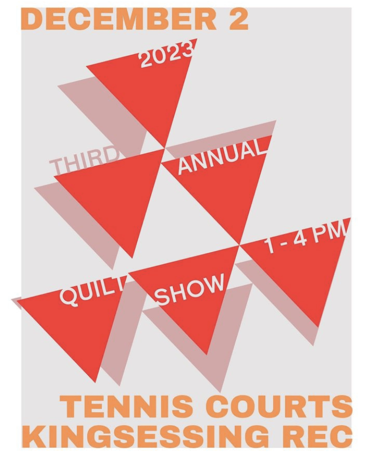 A poster showing a stacked pyramid of red triangles with words announcing a quilt show at the Kingsessing Center Tennis Courts on Dec. 2, 2023